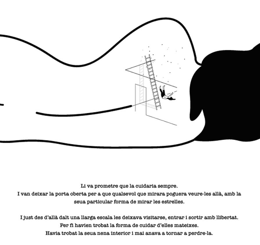 Una adulta de espaldas tiene dentro de su corazón una escalera y una niña mirando las estrellas